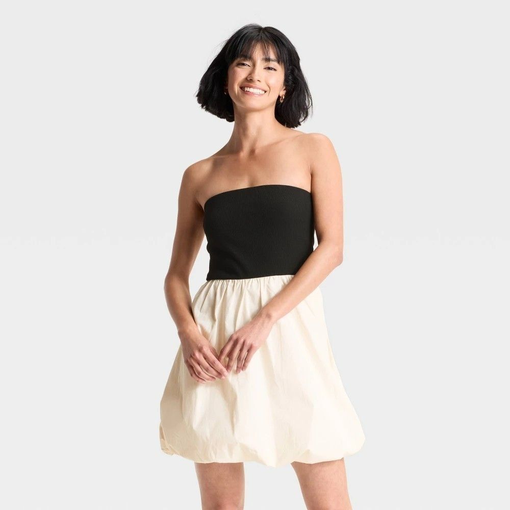 Women's Tube Bubble Mini A-Line Dress - A New Day Black/Cream XL NWT